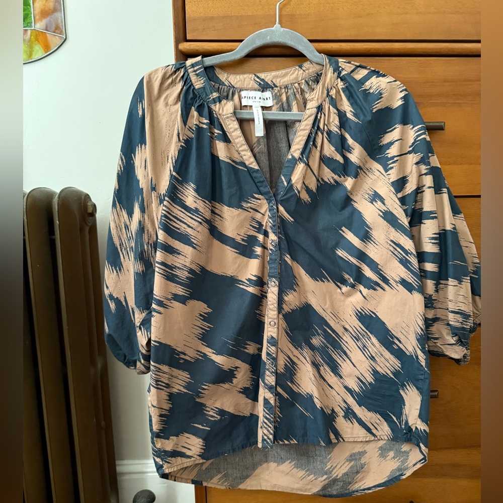 Apiece Apart New York Abstract Print Black and Tan Organic Cotton Blouse S Small